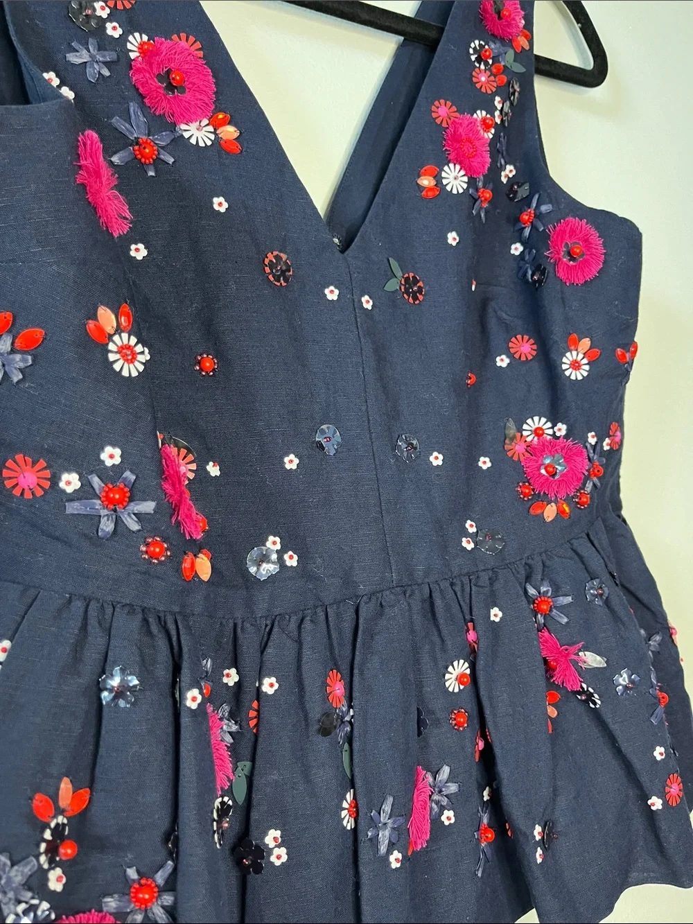 NWT J. crew navy blue embellished beaded floral peplum top zip close V-neck